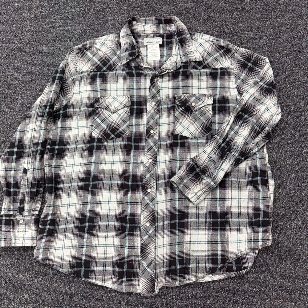 Wrangler Wrancher Mens XXL Pearl Snap Western Flannel Black White Teal Plaid
